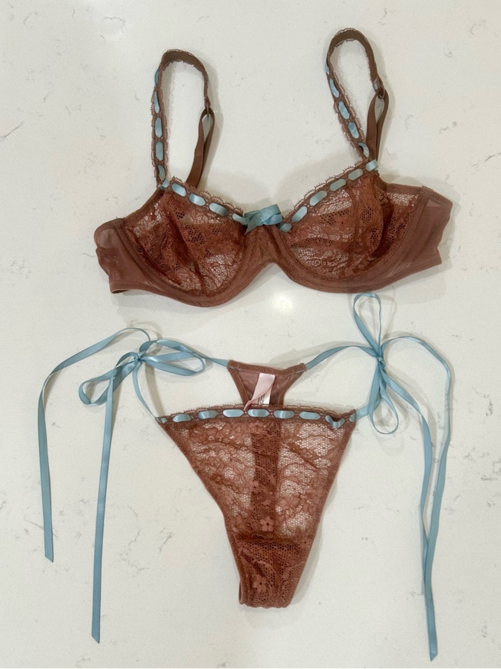 Victoria's Secret Brown Lace Bra and thong set with Light Blue Ribbon Trim